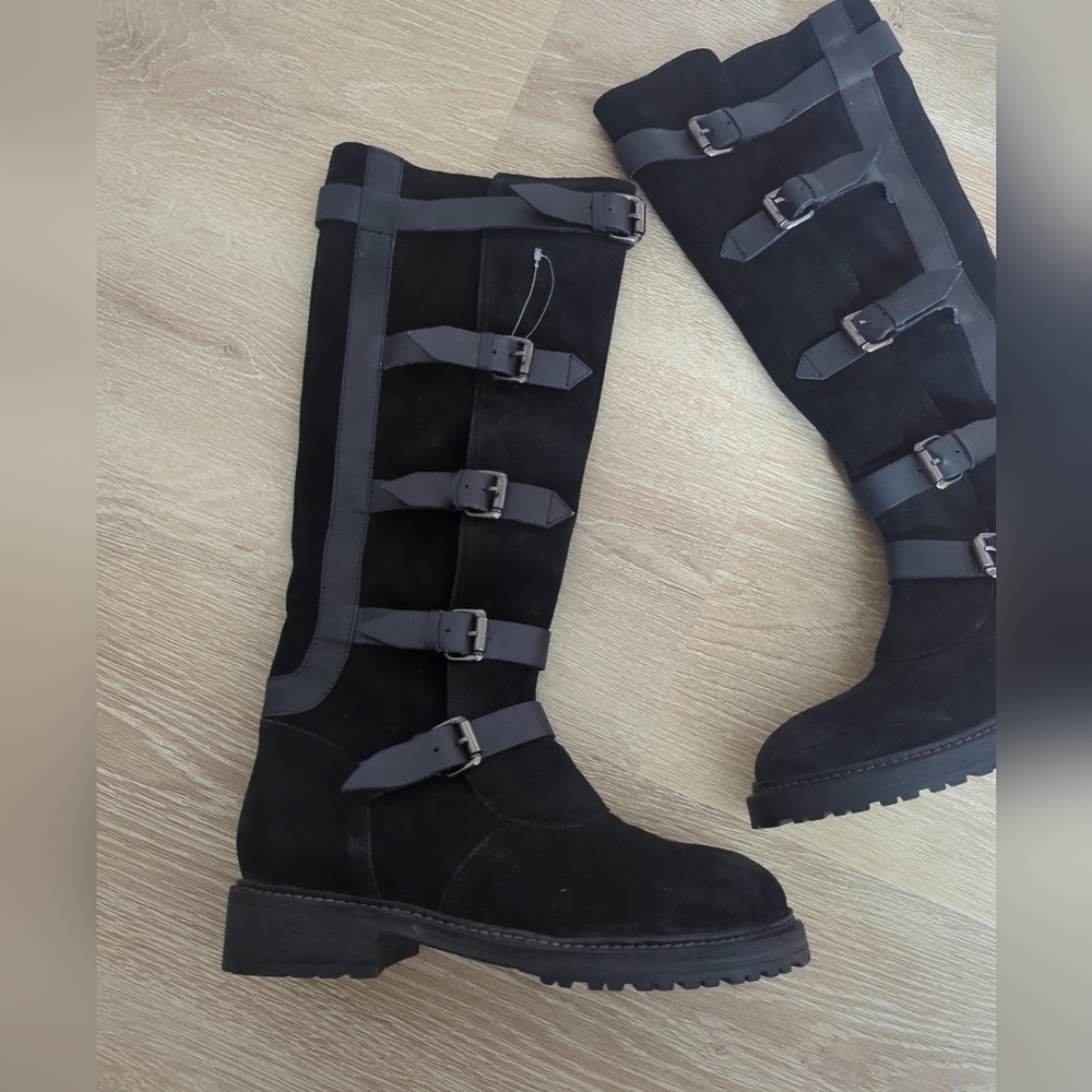 Free People Tristie Buckle Boot Tall Suede Leather Straps Lug Sole Black 6.5, 7 - Picture 4 of 11